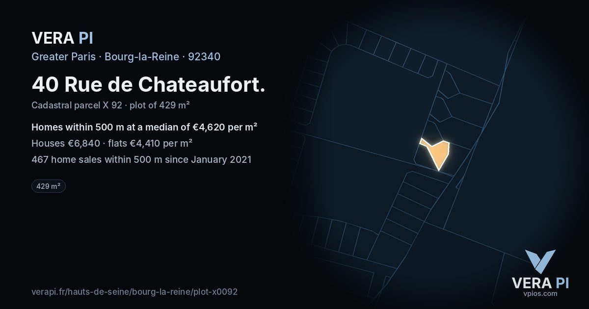 40 Rue de Chateaufort, Bourg-la-Reine at night – the plot lit, the parcels around coloured by the prices near them