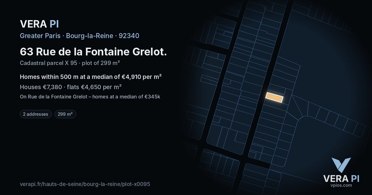 63 Rue de la Fontaine Grelot, Bourg-la-Reine at night – the plot lit, the parcels around coloured by the prices near them