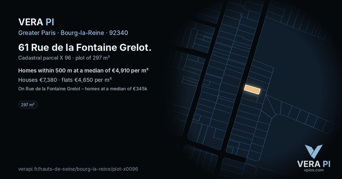 61 Rue de la Fontaine Grelot, Bourg-la-Reine at night – the plot lit, the parcels around coloured by the prices near them
