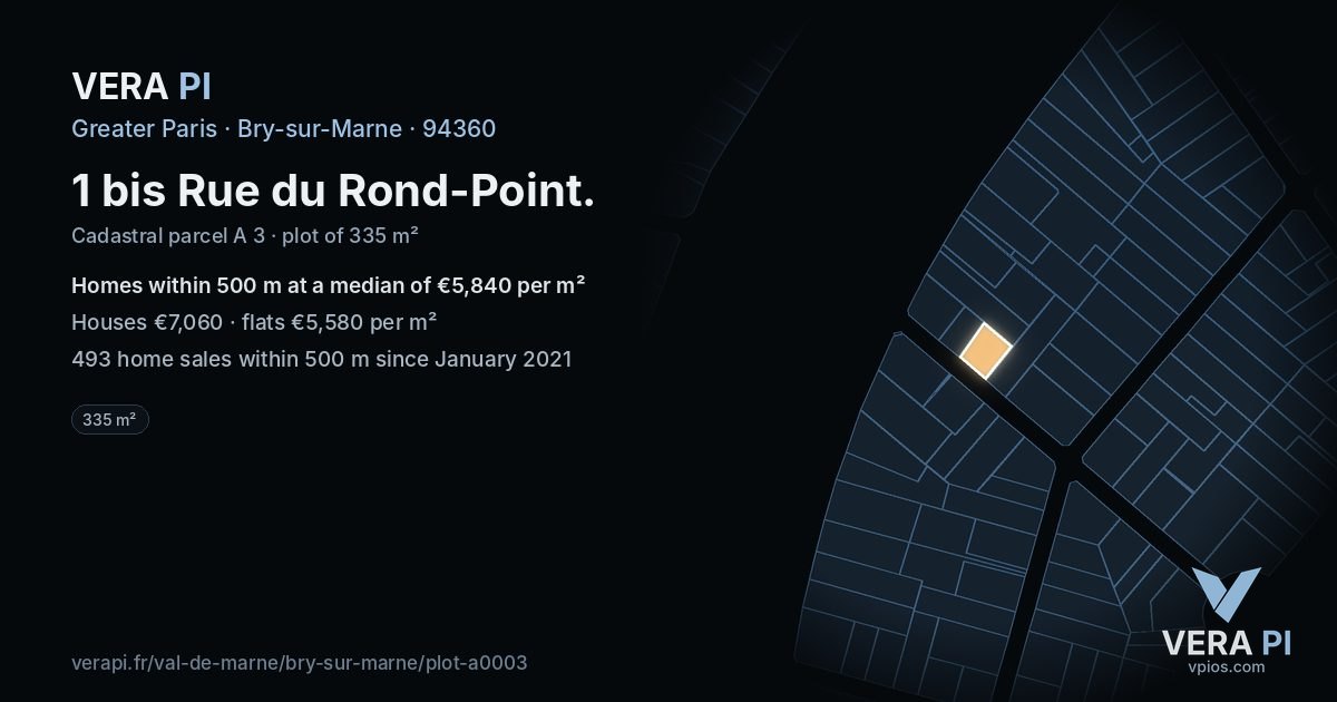1 bis Rue du Rond-Point, Bry-sur-Marne at night – the plot lit, the parcels around coloured by the prices near them