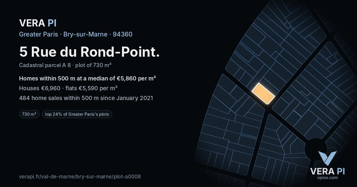 5 Rue du Rond-Point, Bry-sur-Marne at night – the plot lit, the parcels around coloured by the prices near them