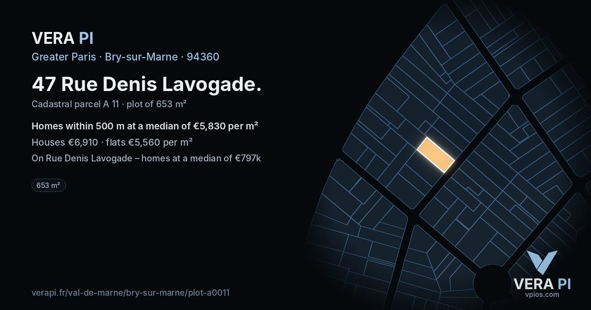 47 Rue Denis Lavogade, Bry-sur-Marne at night – the plot lit, the parcels around coloured by the prices near them