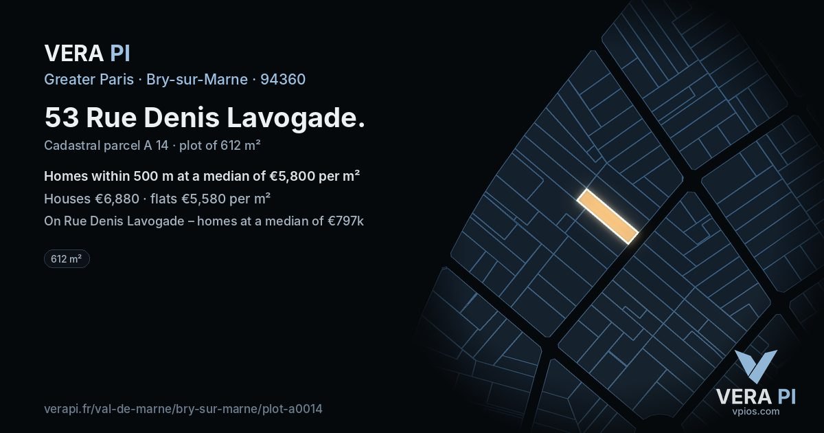 53 Rue Denis Lavogade, Bry-sur-Marne at night – the plot lit, the parcels around coloured by the prices near them