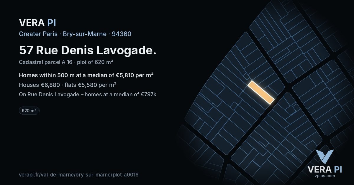 57 Rue Denis Lavogade, Bry-sur-Marne at night – the plot lit, the parcels around coloured by the prices near them