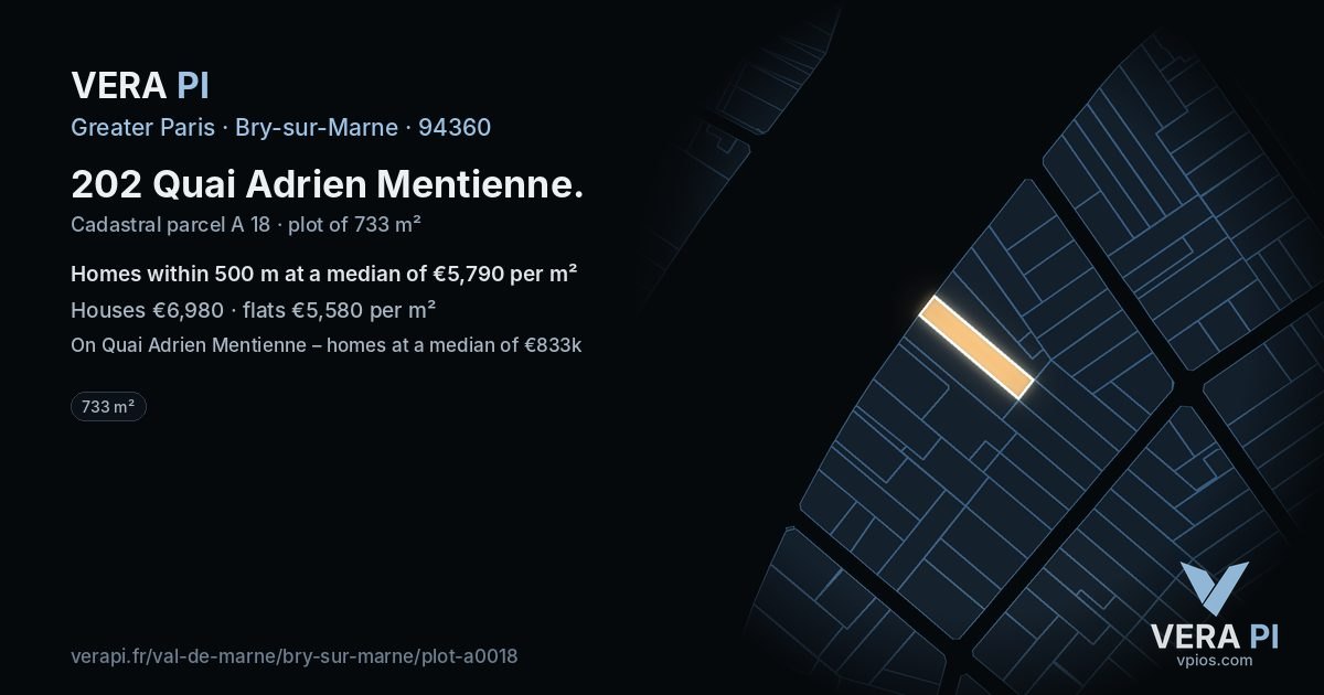 202 Quai Adrien Mentienne, Bry-sur-Marne at night – the plot lit, the parcels around coloured by the prices near them