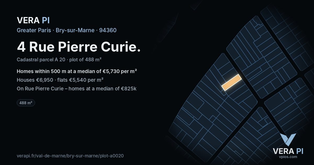 4 Rue Pierre Curie, Bry-sur-Marne at night – the plot lit, the parcels around coloured by the prices near them