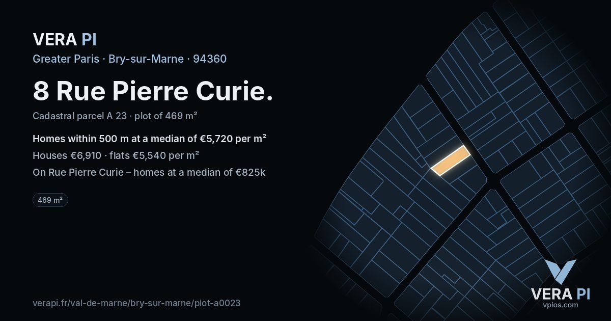 8 Rue Pierre Curie, Bry-sur-Marne at night – the plot lit, the parcels around coloured by the prices near them