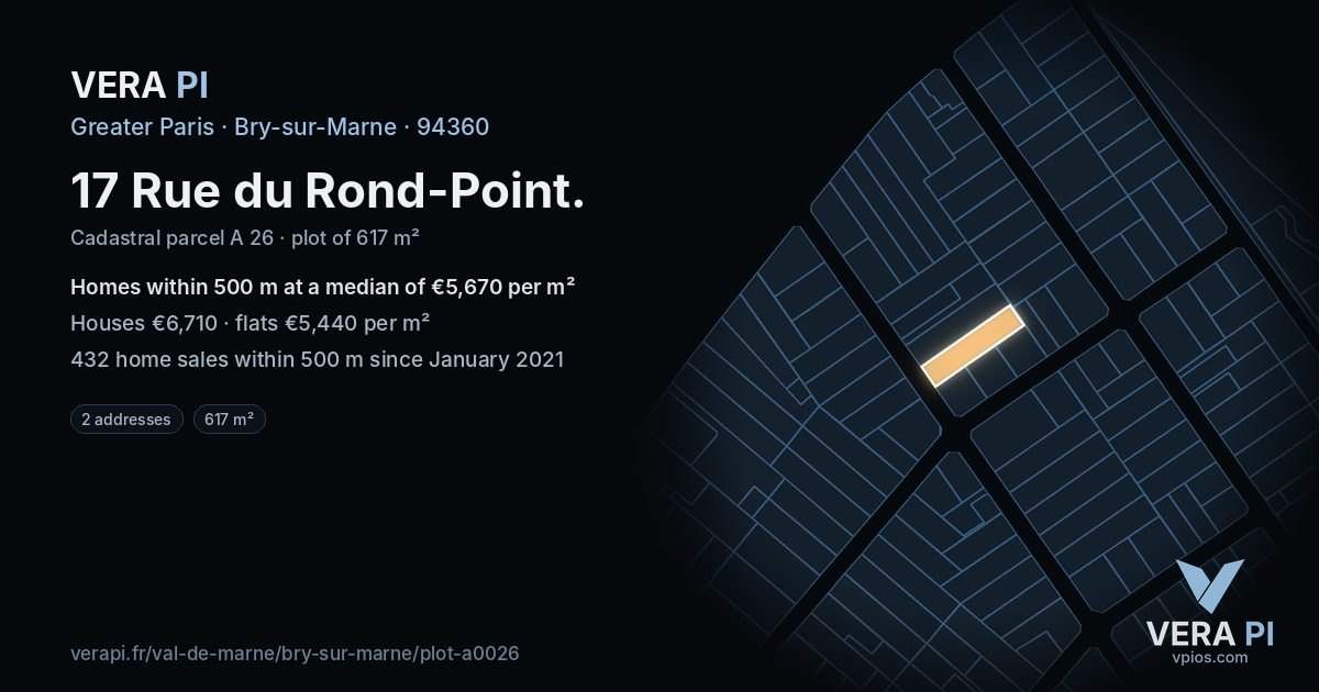 17 Rue du Rond-Point, Bry-sur-Marne at night – the plot lit, the parcels around coloured by the prices near them