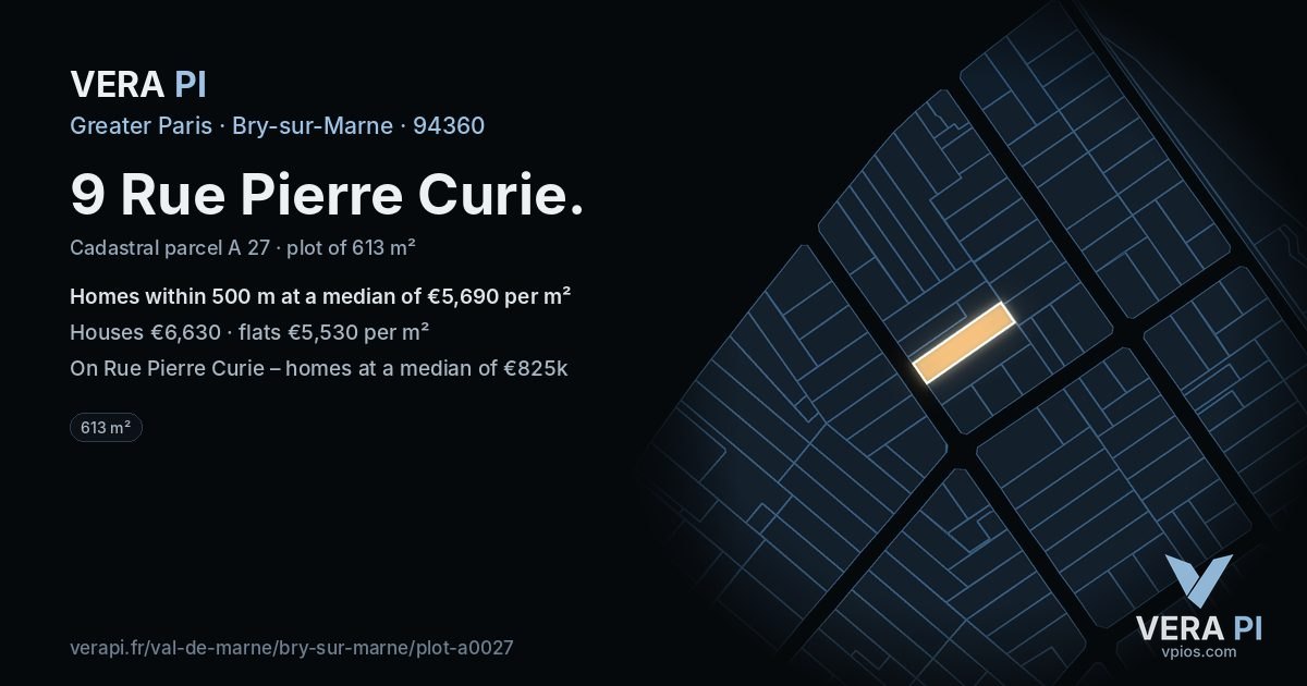 9 Rue Pierre Curie, Bry-sur-Marne at night – the plot lit, the parcels around coloured by the prices near them