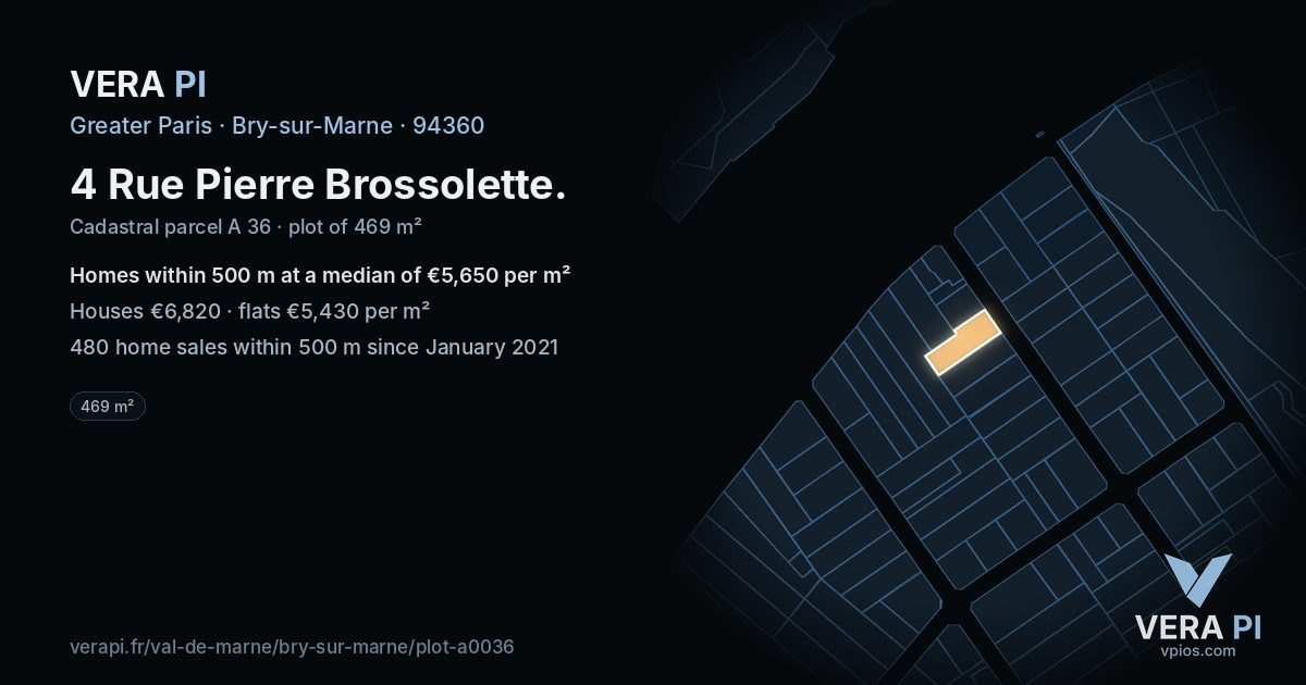4 Rue Pierre Brossolette, Bry-sur-Marne at night – the plot lit, the parcels around coloured by the prices near them