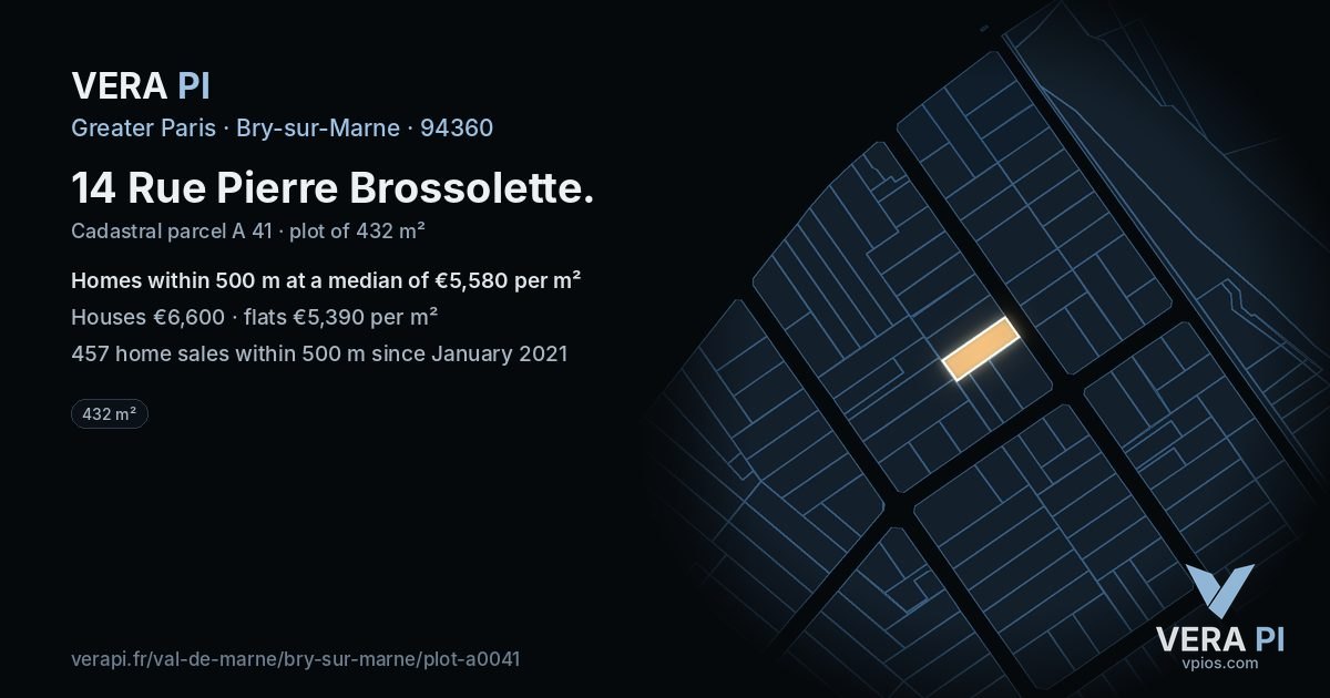 14 Rue Pierre Brossolette, Bry-sur-Marne at night – the plot lit, the parcels around coloured by the prices near them
