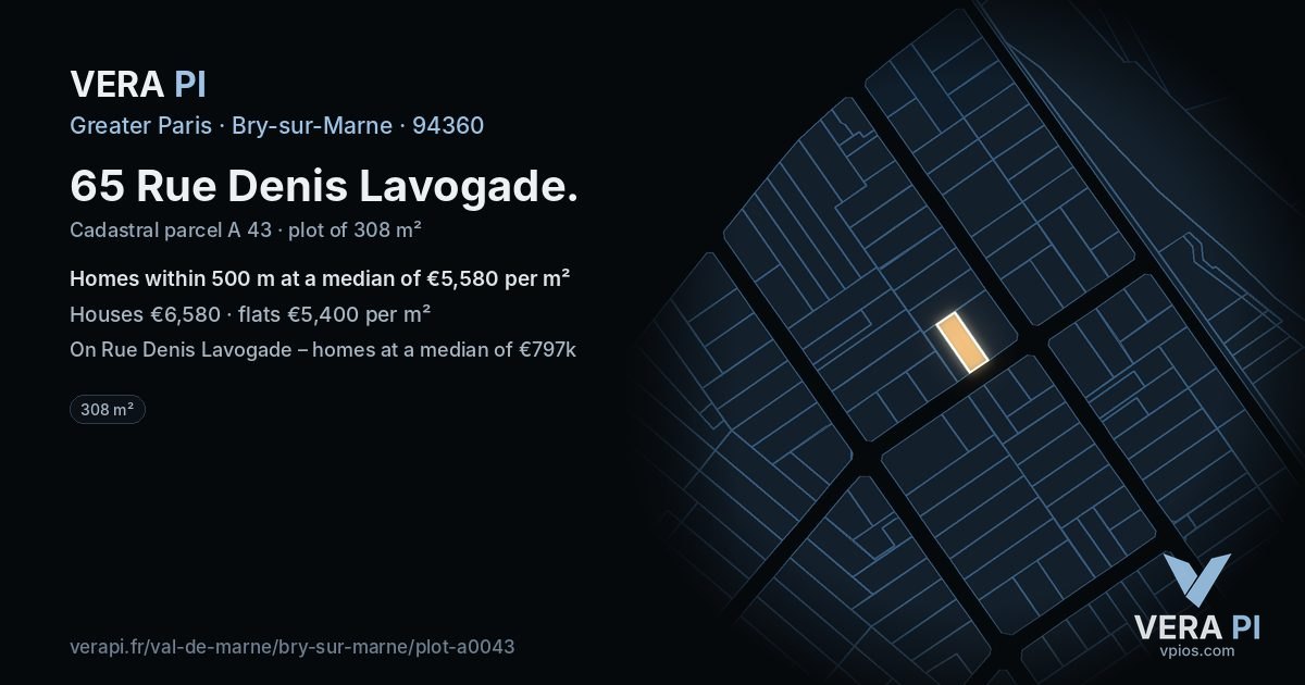 65 Rue Denis Lavogade, Bry-sur-Marne at night – the plot lit, the parcels around coloured by the prices near them