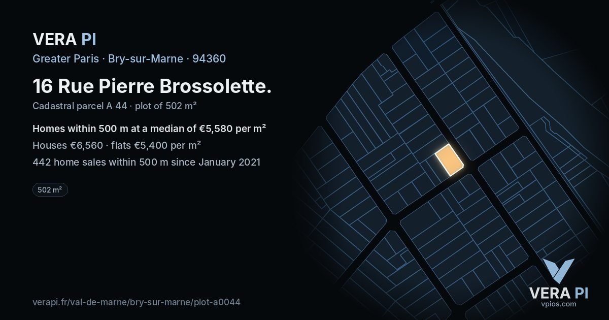 16 Rue Pierre Brossolette, Bry-sur-Marne at night – the plot lit, the parcels around coloured by the prices near them