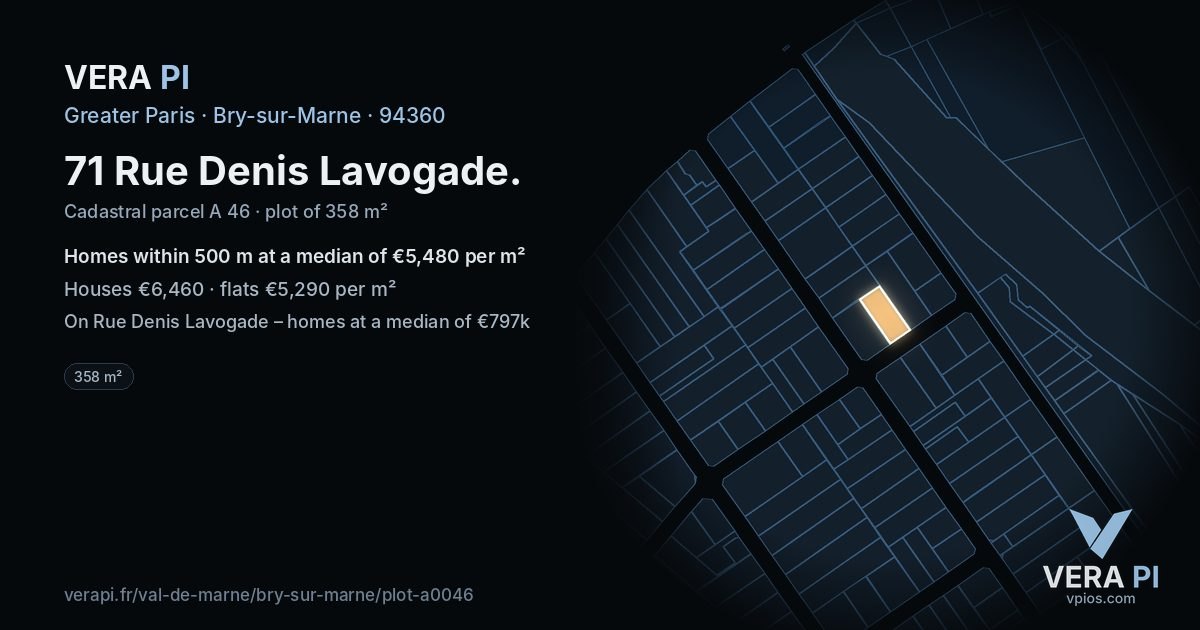71 Rue Denis Lavogade, Bry-sur-Marne at night – the plot lit, the parcels around coloured by the prices near them