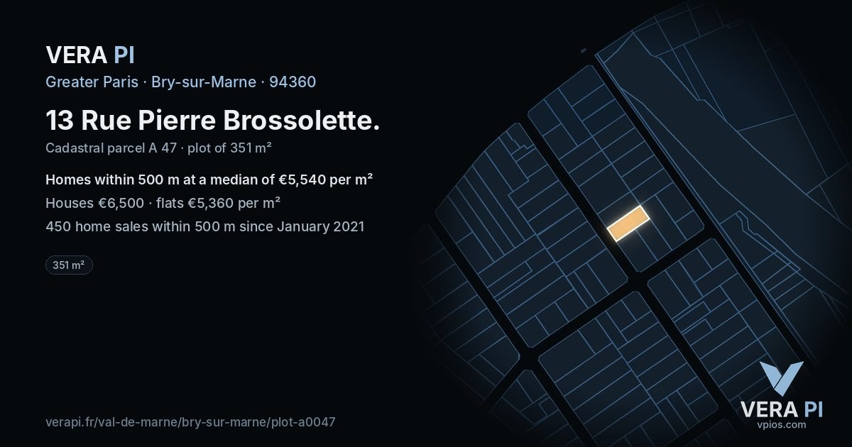 13 Rue Pierre Brossolette, Bry-sur-Marne at night – the plot lit, the parcels around coloured by the prices near them