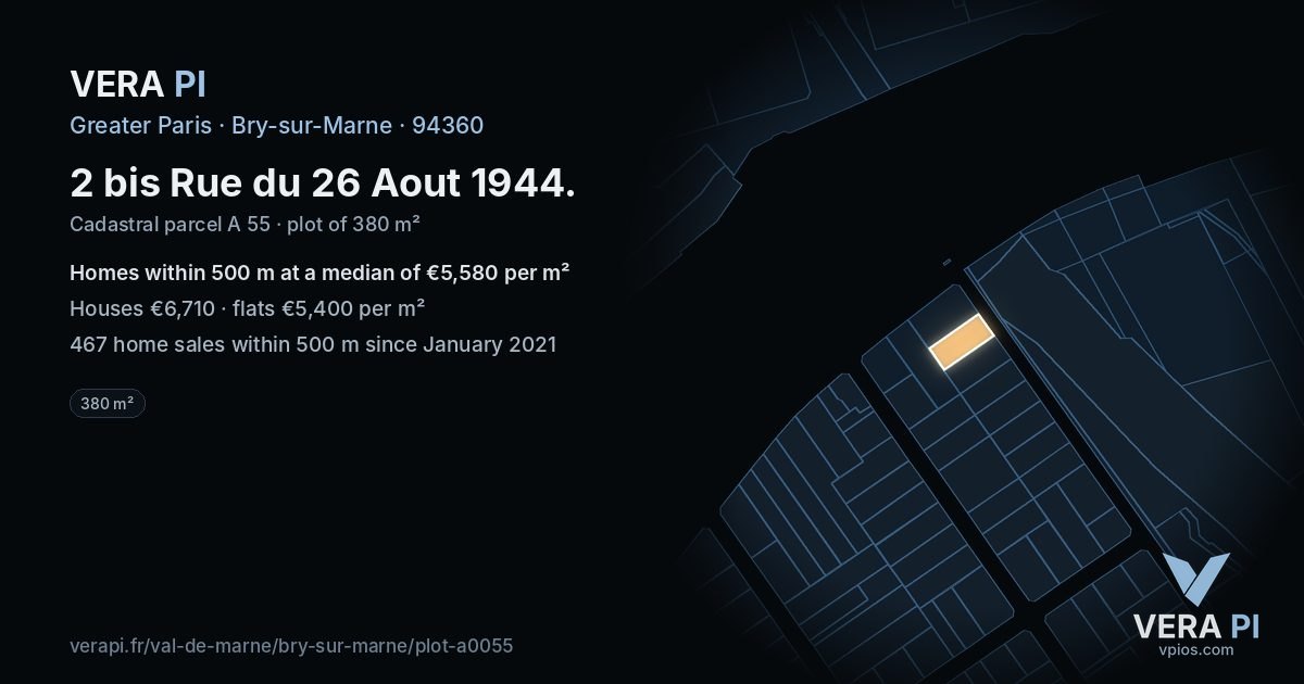2 bis Rue du 26 Aout 1944, Bry-sur-Marne at night – the plot lit, the parcels around coloured by the prices near them