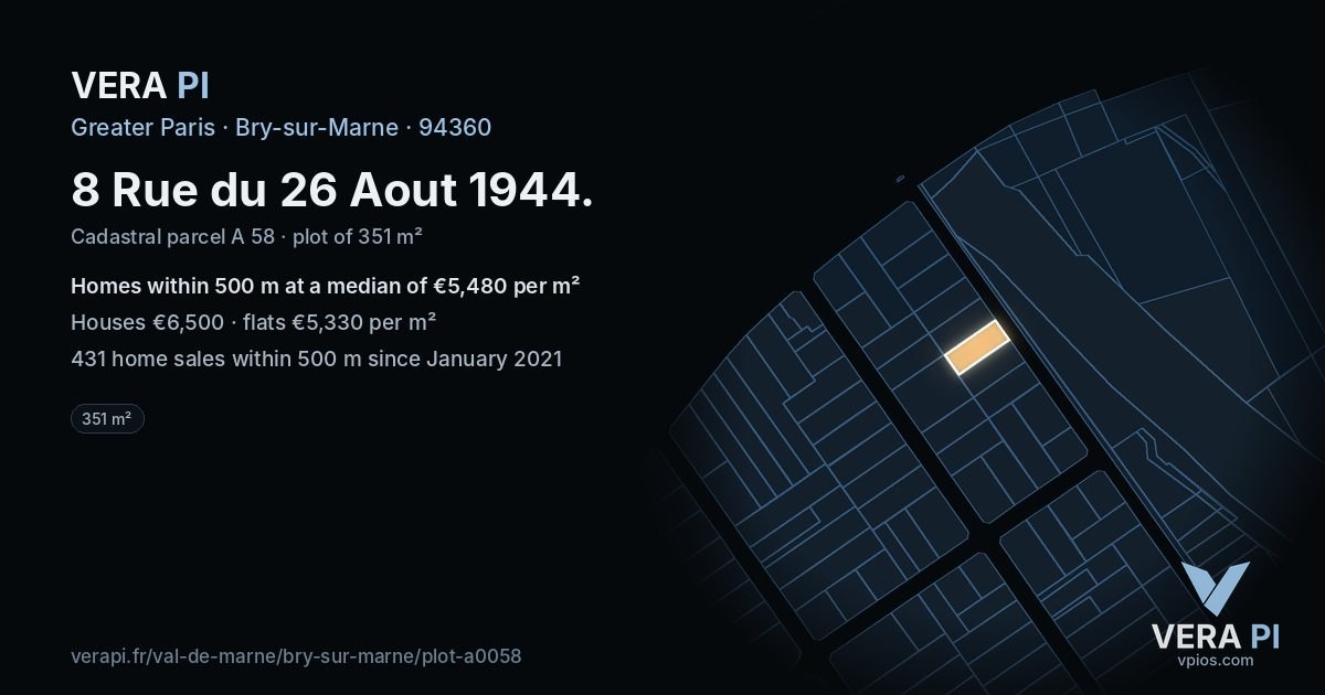 8 Rue du 26 Aout 1944, Bry-sur-Marne at night – the plot lit, the parcels around coloured by the prices near them
