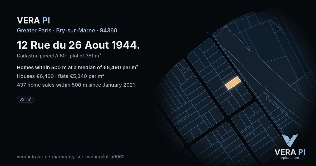 12 Rue du 26 Aout 1944, Bry-sur-Marne at night – the plot lit, the parcels around coloured by the prices near them