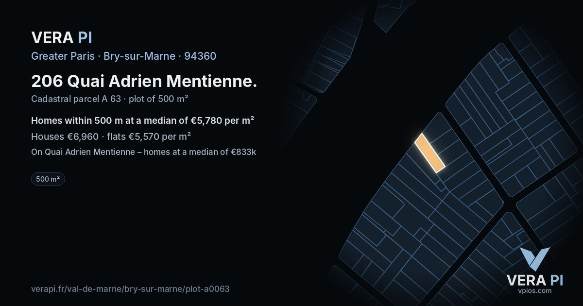 206 Quai Adrien Mentienne, Bry-sur-Marne at night – the plot lit, the parcels around coloured by the prices near them