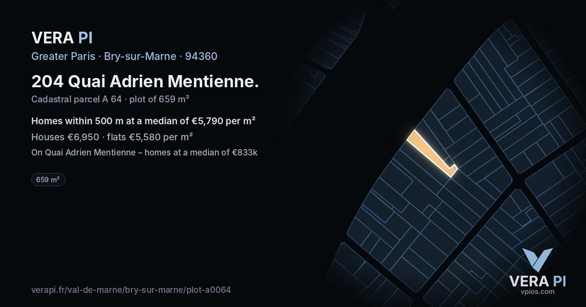 204 Quai Adrien Mentienne, Bry-sur-Marne at night – the plot lit, the parcels around coloured by the prices near them
