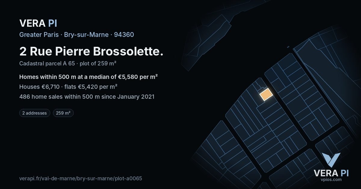 2 Rue Pierre Brossolette, Bry-sur-Marne at night – the plot lit, the parcels around coloured by the prices near them