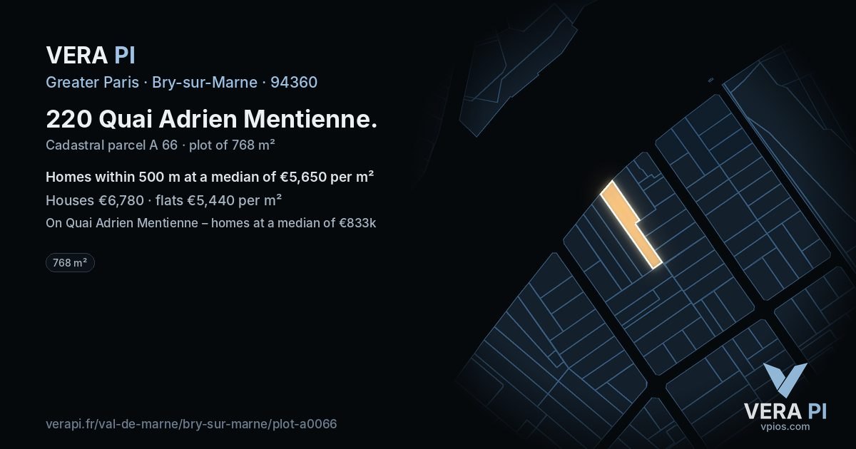 220 Quai Adrien Mentienne, Bry-sur-Marne at night – the plot lit, the parcels around coloured by the prices near them