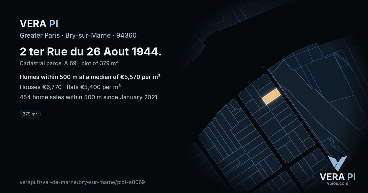 2 ter Rue du 26 Aout 1944, Bry-sur-Marne at night – the plot lit, the parcels around coloured by the prices near them