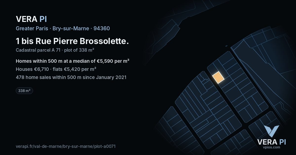 1 bis Rue Pierre Brossolette, Bry-sur-Marne at night – the plot lit, the parcels around coloured by the prices near them