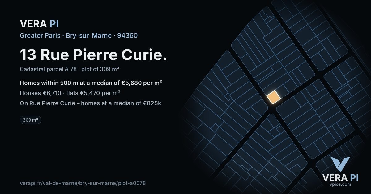13 Rue Pierre Curie, Bry-sur-Marne at night – the plot lit, the parcels around coloured by the prices near them