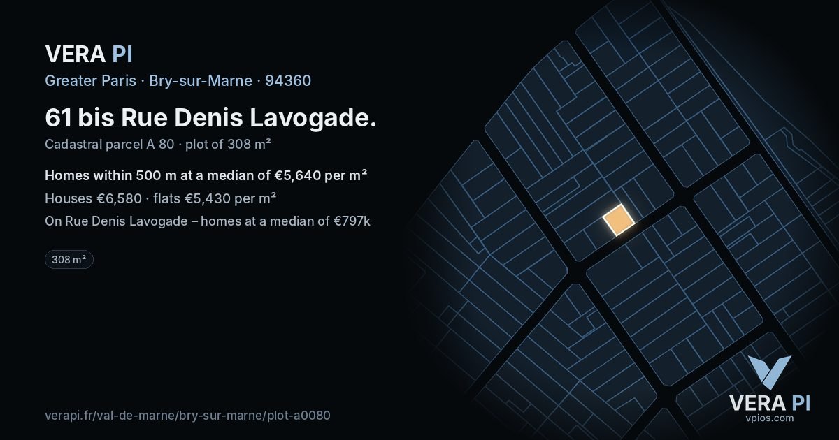 61 bis Rue Denis Lavogade, Bry-sur-Marne at night – the plot lit, the parcels around coloured by the prices near them