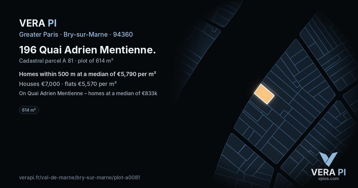 196 Quai Adrien Mentienne, Bry-sur-Marne at night – the plot lit, the parcels around coloured by the prices near them