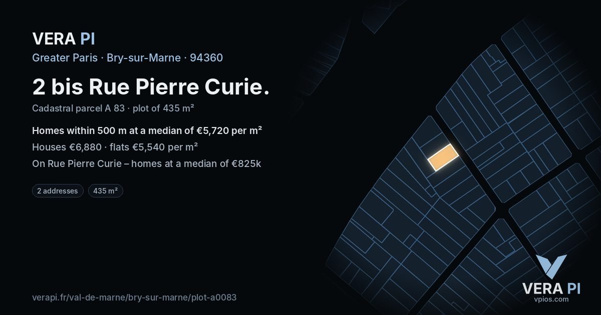 2 bis Rue Pierre Curie, Bry-sur-Marne at night – the plot lit, the parcels around coloured by the prices near them