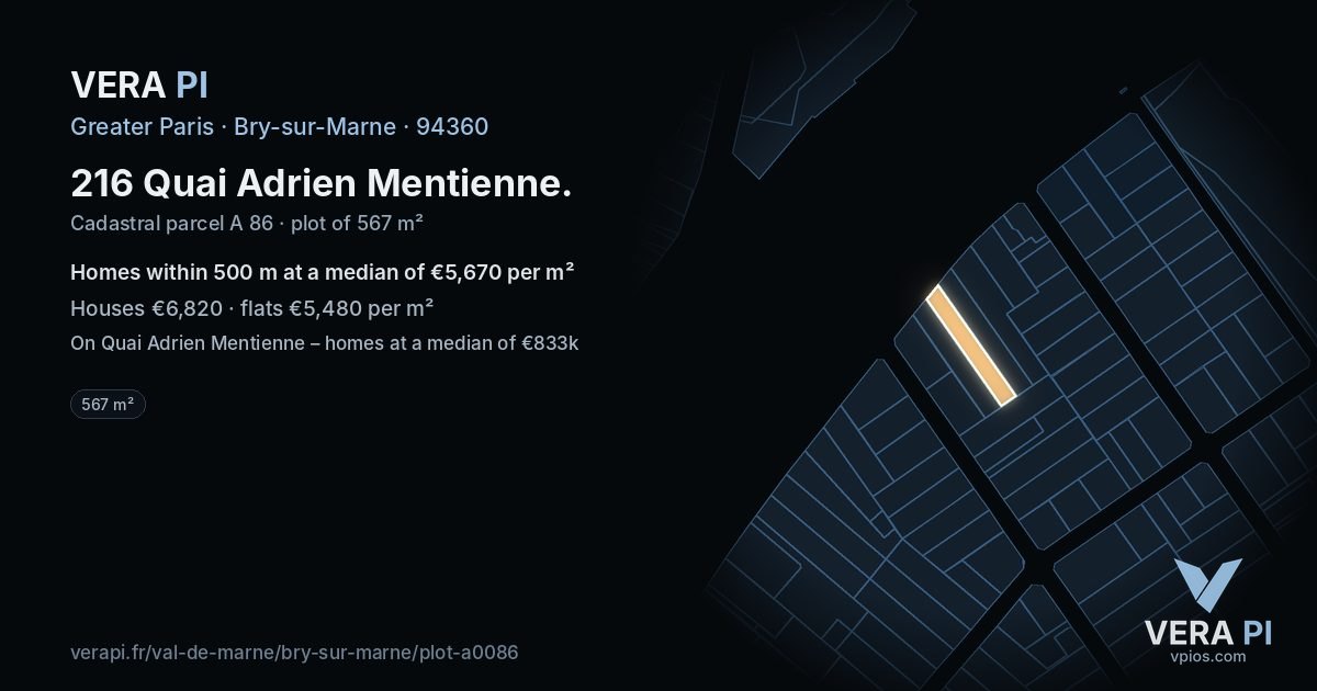 216 Quai Adrien Mentienne, Bry-sur-Marne at night – the plot lit, the parcels around coloured by the prices near them