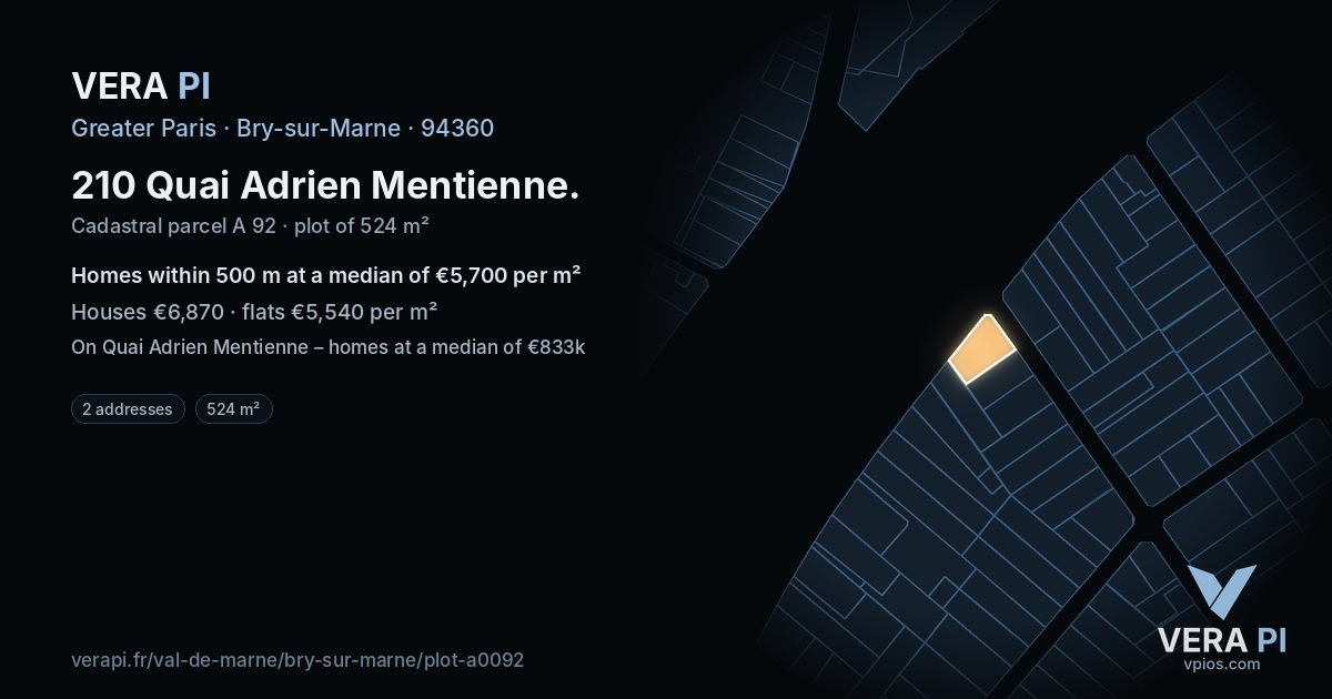 210 Quai Adrien Mentienne, Bry-sur-Marne at night – the plot lit, the parcels around coloured by the prices near them