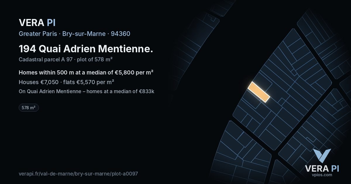 194 Quai Adrien Mentienne, Bry-sur-Marne at night – the plot lit, the parcels around coloured by the prices near them