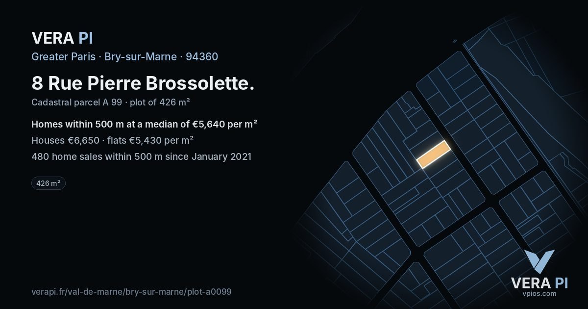 8 Rue Pierre Brossolette, Bry-sur-Marne at night – the plot lit, the parcels around coloured by the prices near them