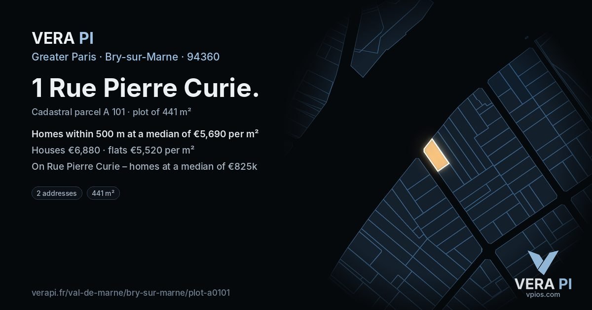 1 Rue Pierre Curie, Bry-sur-Marne at night – the plot lit, the parcels around coloured by the prices near them