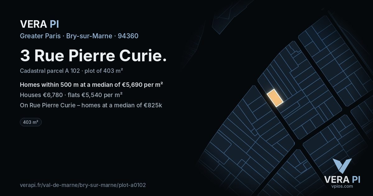 3 Rue Pierre Curie, Bry-sur-Marne at night – the plot lit, the parcels around coloured by the prices near them