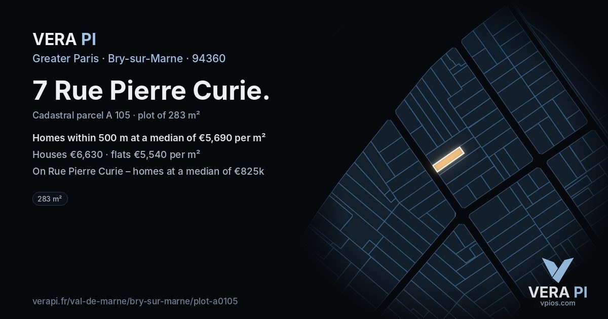7 Rue Pierre Curie, Bry-sur-Marne at night – the plot lit, the parcels around coloured by the prices near them