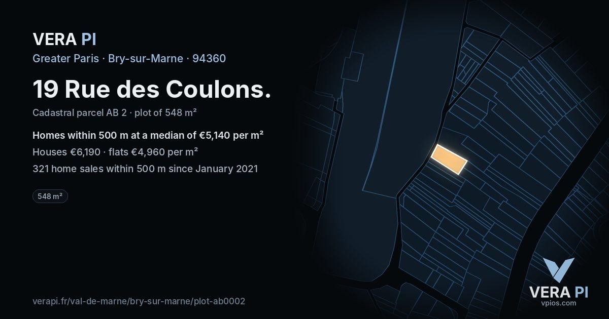 19 Rue des Coulons, Bry-sur-Marne at night – the plot lit, the parcels around coloured by the prices near them