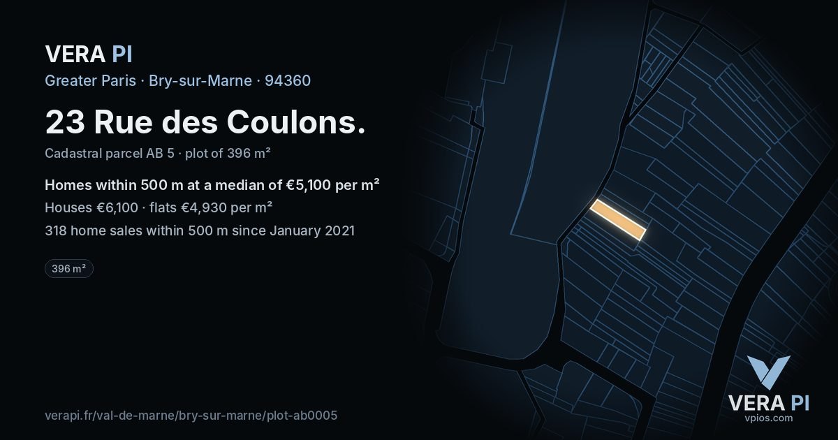 23 Rue des Coulons, Bry-sur-Marne at night – the plot lit, the parcels around coloured by the prices near them