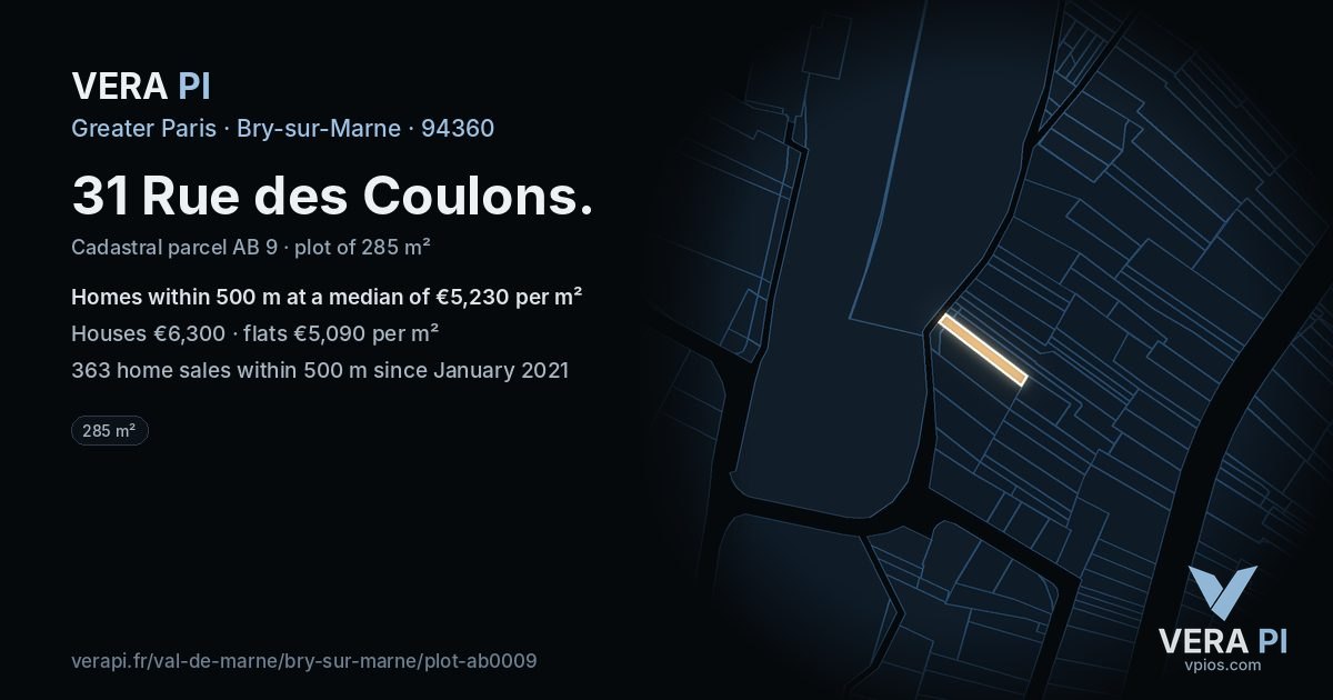 31 Rue des Coulons, Bry-sur-Marne at night – the plot lit, the parcels around coloured by the prices near them