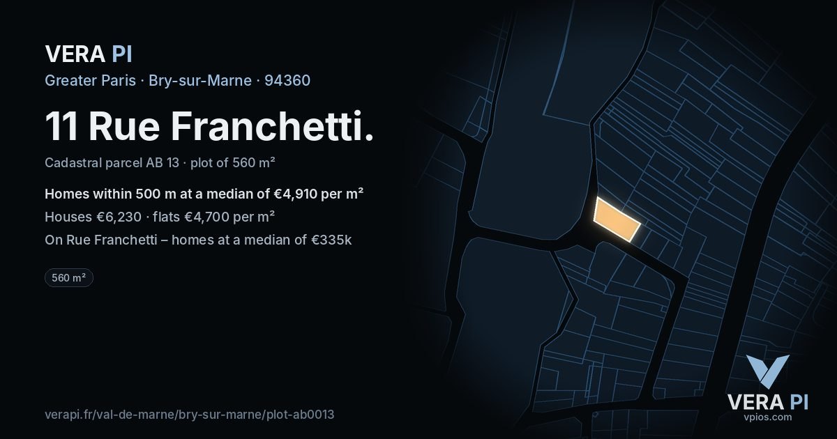 11 Rue Franchetti, Bry-sur-Marne at night – the plot lit, the parcels around coloured by the prices near them