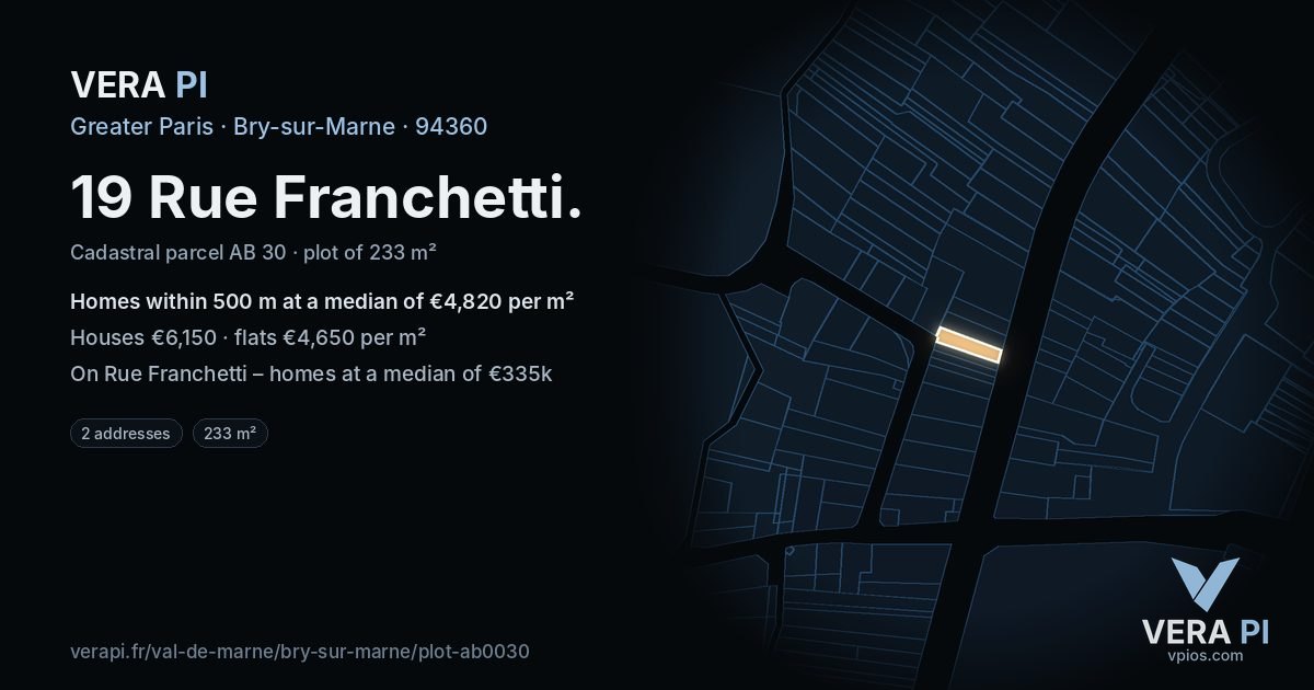 19 Rue Franchetti, Bry-sur-Marne at night – the plot lit, the parcels around coloured by the prices near them