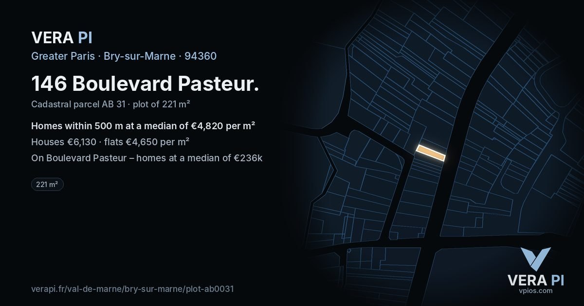 146 Boulevard Pasteur, Bry-sur-Marne at night – the plot lit, the parcels around coloured by the prices near them