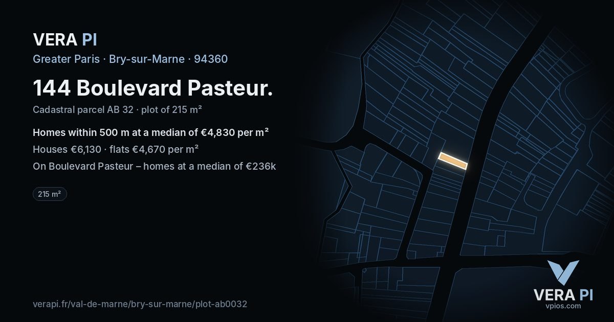 144 Boulevard Pasteur, Bry-sur-Marne at night – the plot lit, the parcels around coloured by the prices near them