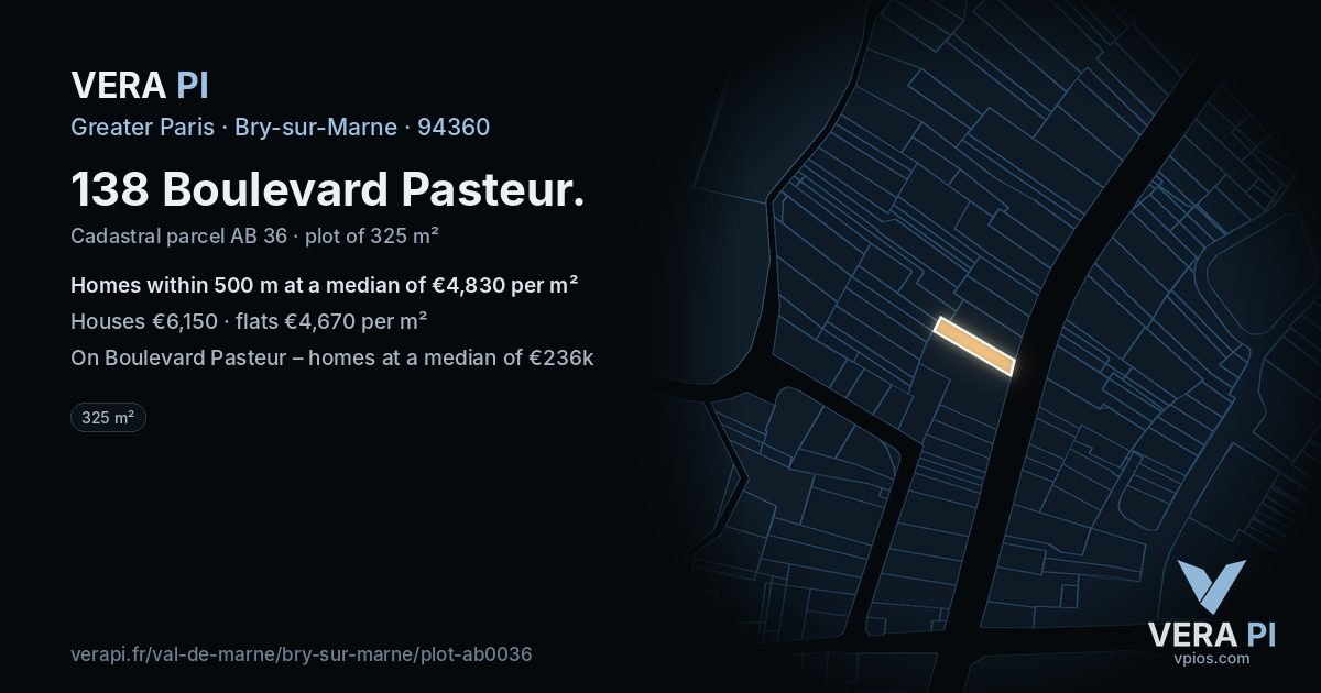 138 Boulevard Pasteur, Bry-sur-Marne at night – the plot lit, the parcels around coloured by the prices near them