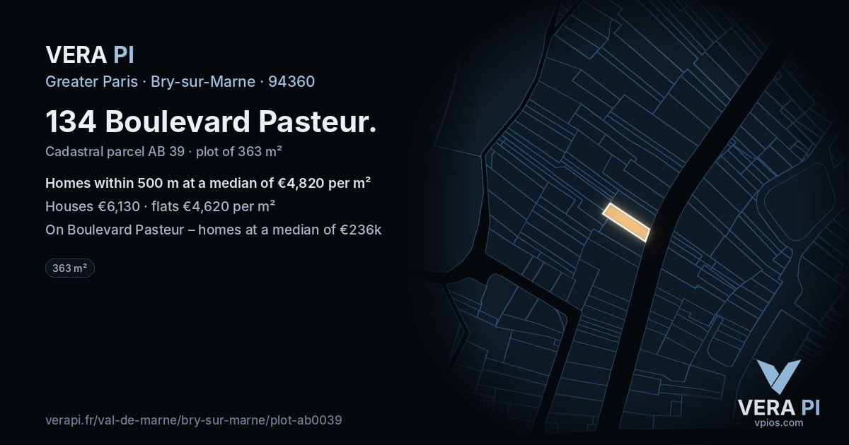 134 Boulevard Pasteur, Bry-sur-Marne at night – the plot lit, the parcels around coloured by the prices near them