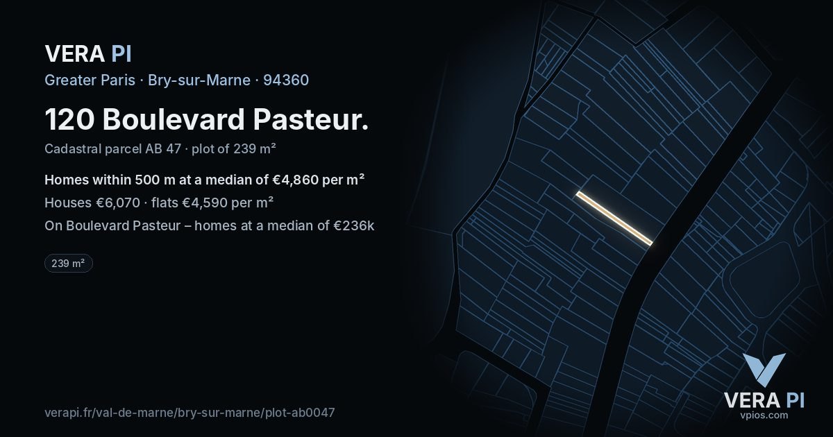 120 Boulevard Pasteur, Bry-sur-Marne at night – the plot lit, the parcels around coloured by the prices near them