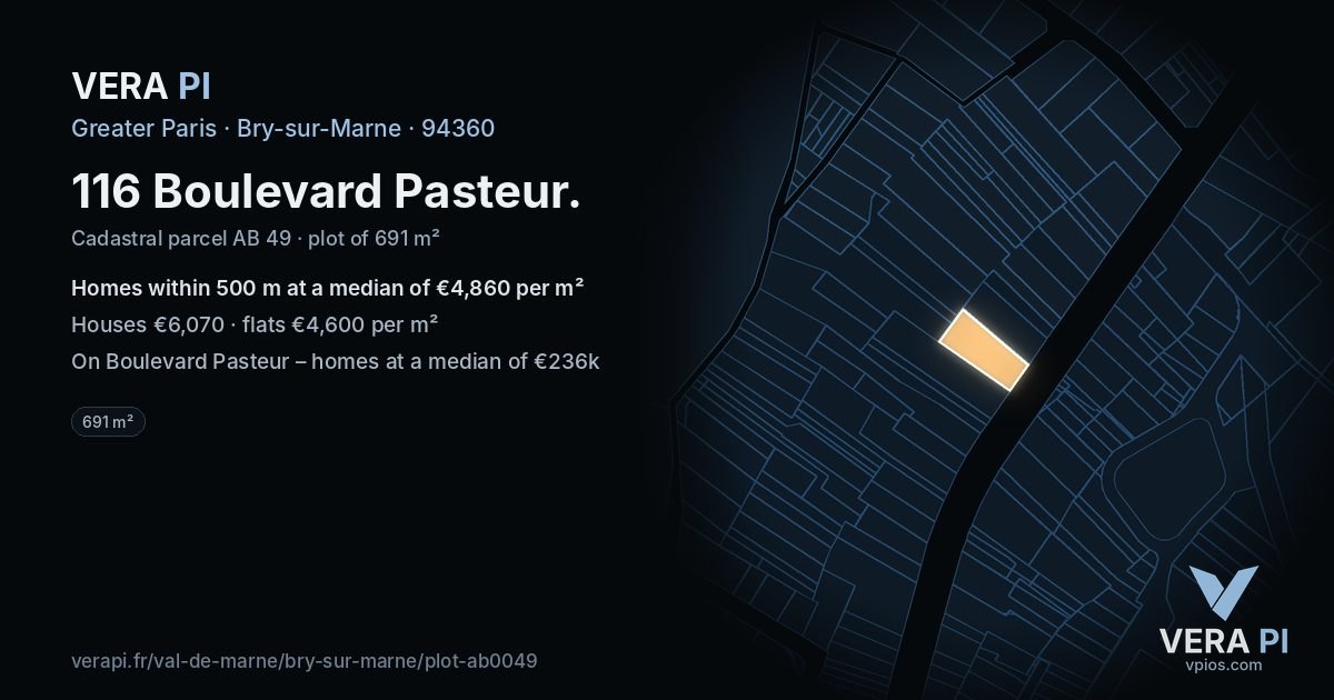 116 Boulevard Pasteur, Bry-sur-Marne at night – the plot lit, the parcels around coloured by the prices near them